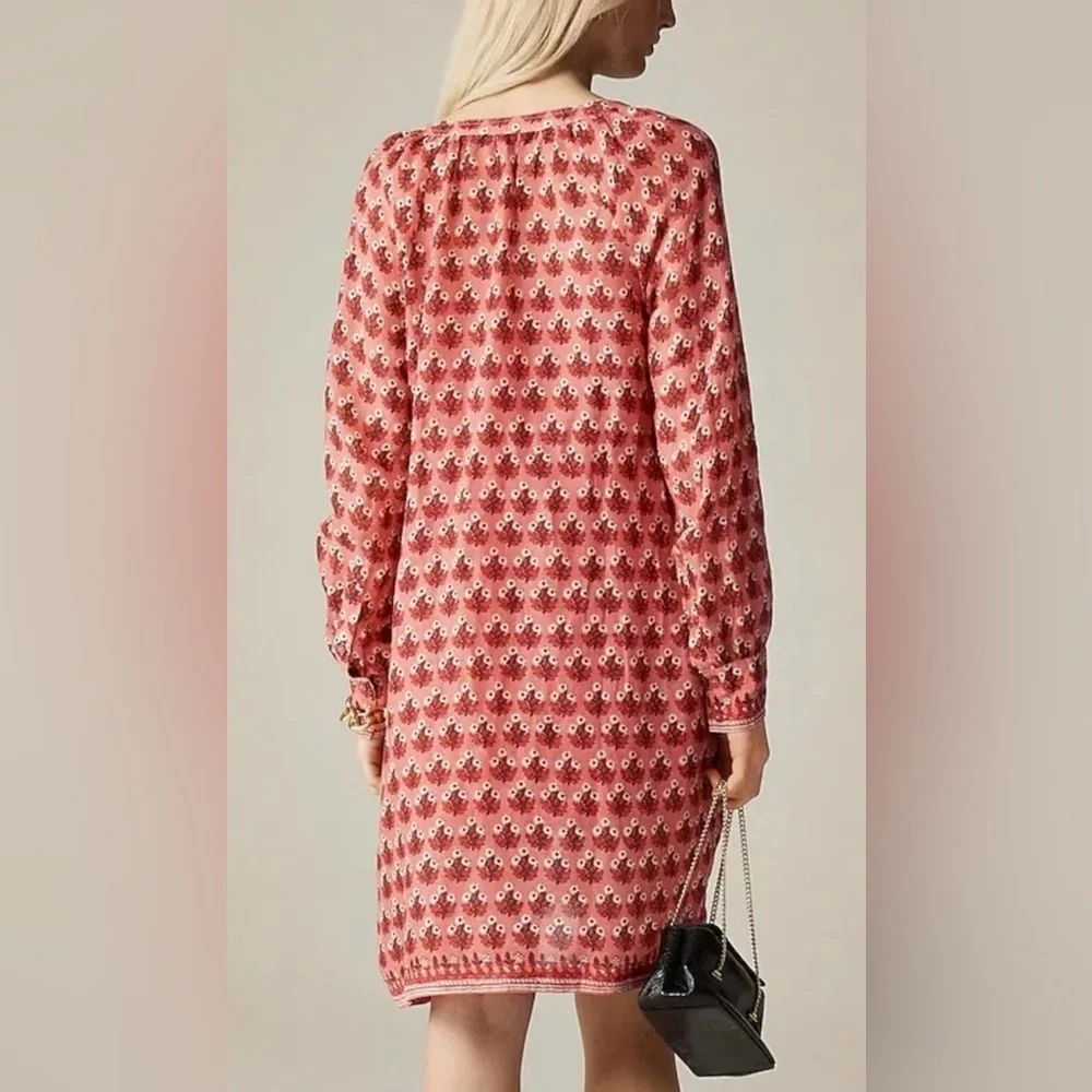 NWT J. Crew Red/Pink Floral Cabana Mini Dress, Long Sleeve, 100% Ramie, XS